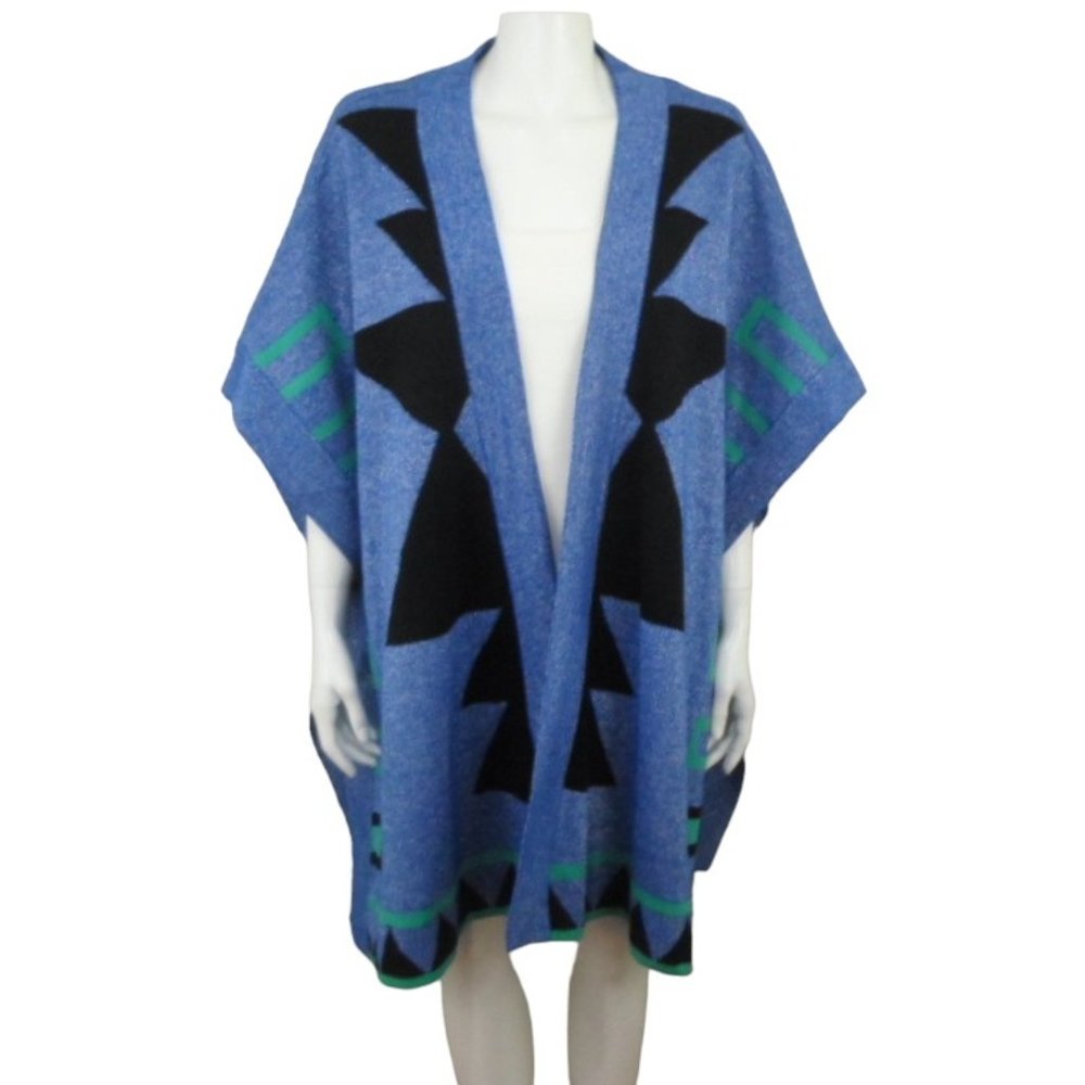 ASHRO Open Poncho Cape Sweater Metallic Blue Green Black